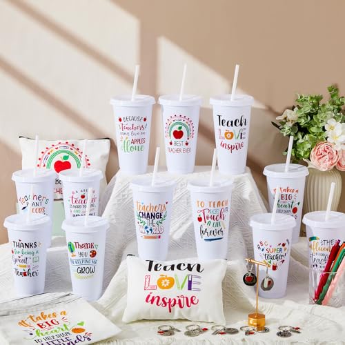 Pickmesh 24oz Teacher Gift Set - White Inspirational Straw Cup, Makeup Bag, Keychain, Ballpoint Pens