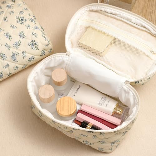 UEKEBOAG 3-Piece Quilted Cotton Makeup Bag Set with Pink Flower Pattern – Travel & Organizing Cosmetic Bags
