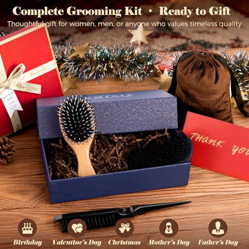 Mini Boar Bristle Hair Brush - Handmade British Craftsmanship, Detangler & Smoothing