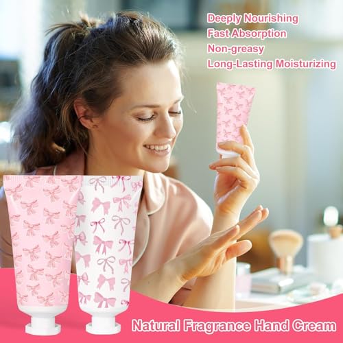 50 Pcs Pink Bow Hand Cream Gifts Bow Hand Cream Bulk Bachelorette Figure Hydrating and Soothing Hand Lotion for Bachelorette Wedding Birthday Baby Shower Valentine's Day Mother's Day Party