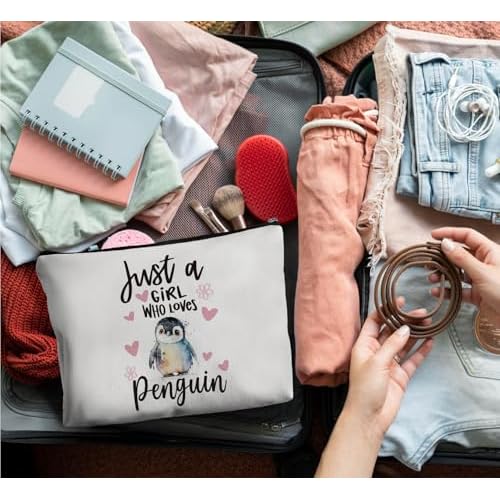Penguin Gifts Cosmetic Bags for Women,Just A Girl Who Love Penguin Gifts Leather Makeup Bag,Small Makeup Bag Travel Organizer Zipper Pouch for Purse