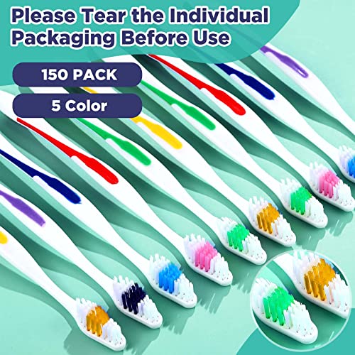 150 Pack Travel Soft Bristle Disposable Toothbrushes - Individually Wrapped, Multi-Color, Ideal for Hotels, Camping, and Donations