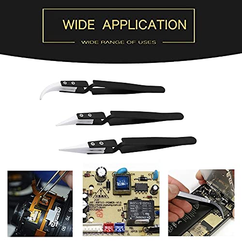Precision Tweezers Reverse Ceramic Tweezers 3 PCS Electronic Tweezers, Soldering Hot Tweezers Self Locking Tweezers with Ceramic Tips-UY3