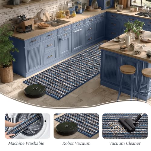 BSICPRO Large Navy Blue Kitchen Rug Set of 3, Farmhouse Style - 24x70, 20x47, 24x35