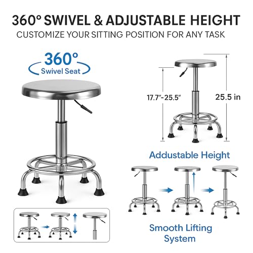 Adjustable Stainless Steel Work Stool - Ergonomic Round Chair with Footrest, Non-Slip Pads, Silver Foot Nail Model