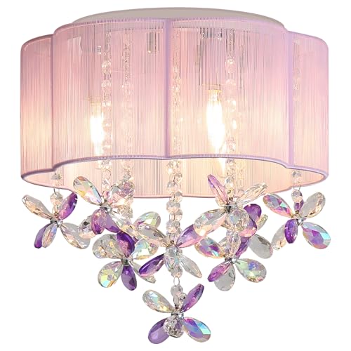 Purple 13-Inch Handmade Crystal Mini Chandelier for Girls Bedroom - Flush Mount Ceiling Light