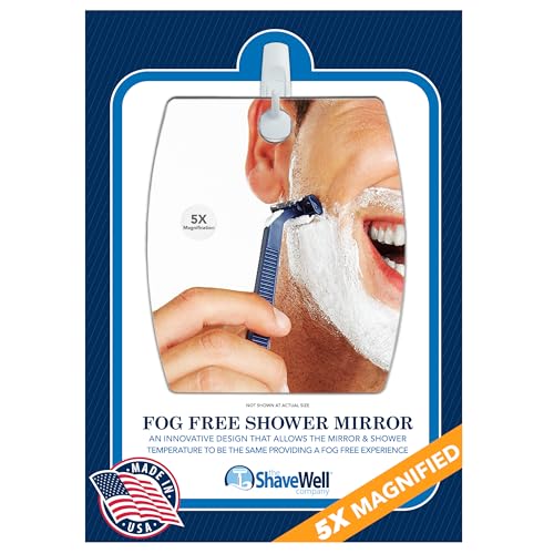 Shave Well Magnifying Anti-Fog Hanging Shower Mirror for Shaving | Curved Design for 5X Magnification | Light and Virtually Unbreakable | Includes Long-Lasting Removable Adhesive Hook