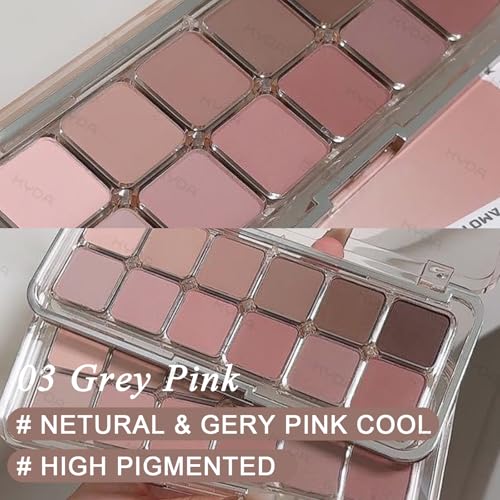KYDA 12 Colors Grey Pink Eyeshadow Palette with Brush, High Pigment Matte Shimmer Pink Brown Eye Shadow, Netural Brown Eyes Palette for Women, Soft Blendable Powder Eyeshadow, Korean Eyes Makeup