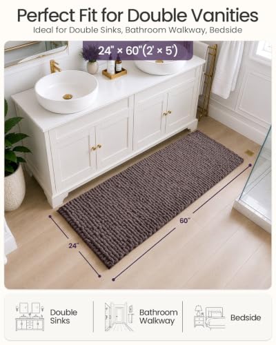 DEXI Bathroom Runner Rug 60x24 Inch Non Slip Chenille Bath Mat Dark Taupe
