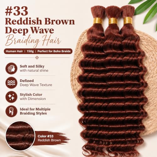 Niciitysi #33 Deep Wave Reddish Brown Braiding Hair Bundles 18 Inch - 150g