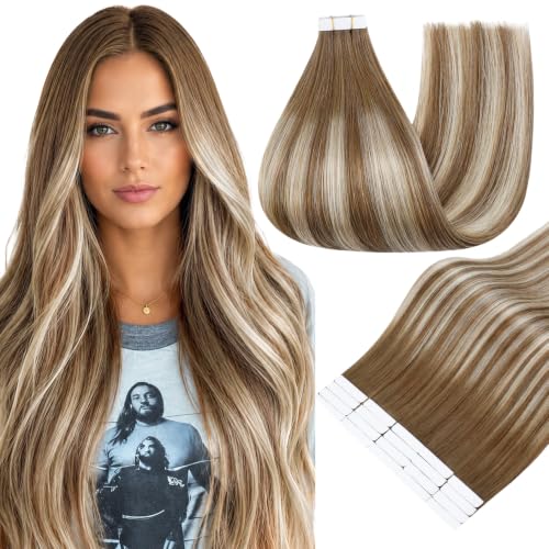 Full Shine Tape-In Hair Extensions Brown Caramel Blonde Ombre 12 Inch - Ash Brown to Ash Blonde Variation