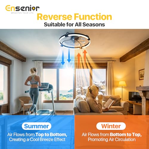 Ensenior 24 Inch Black Flush Mount Ceiling Fan with Lights & APP Control