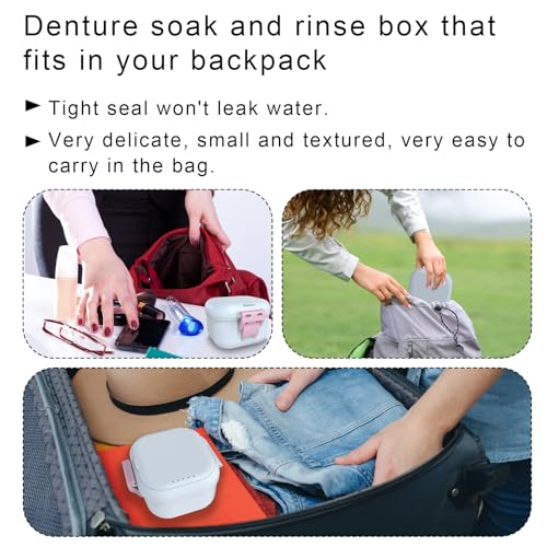 Denture Storage Case with Strainer - Leak Proof Portable Soaking Box, White & Pink