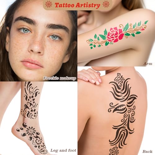 Kids & Adults Temporary Tattoo Kit with 8 Colors, Stencils & Ink - Waterproof & Safe