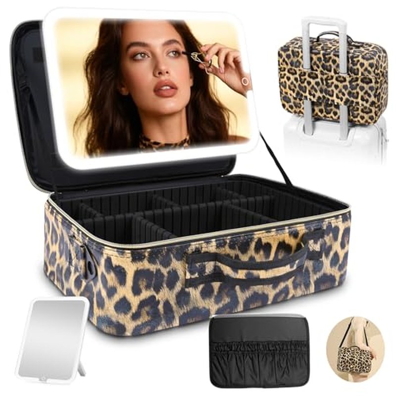 15''X11'' Large Makeup Bag with Removable Lighted Mirror, Professional Travel Make up Bag with Mirror and Light Cosmetic Train Case Organizer, PU Leather with Adjustable Dividers & Brush Storage Board