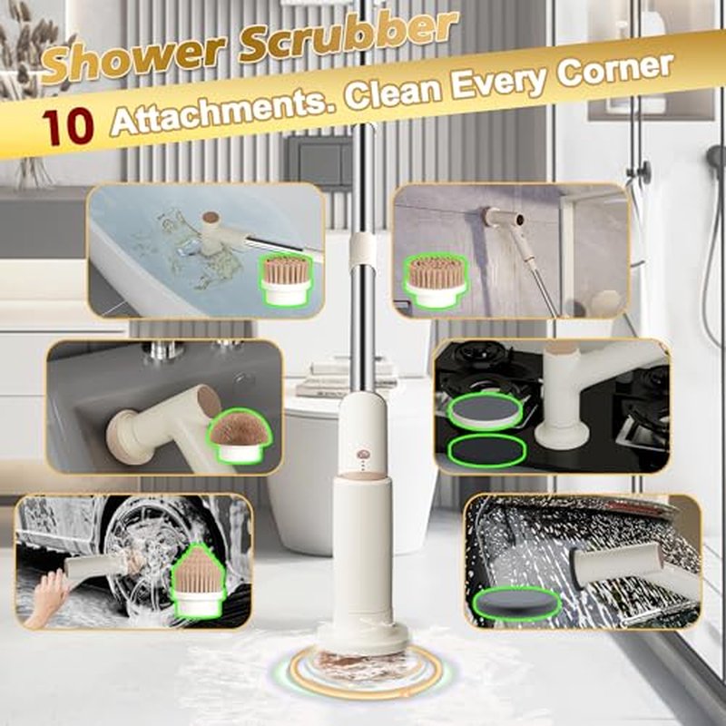 Electric Spin Scrubber, 2600mAh Battery with Extra-Long Runtime, 10 Brush Heads, IPX7 Waterproof Power Shower Scrubber with Long Handle, 2 Speeds Cordless Cleaning Brush for Bathroom Bathtub