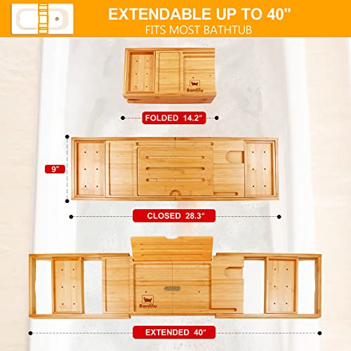 Banlilu Natural Bamboo Expandable Bathtub Tray Caddy - Waterproof Bath Table