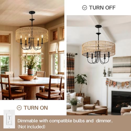 24 Inch Farmhouse Rattan Chandelier - Hand-Woven Boho Pendant Light with Black Metal Frame - Rustic Ceiling Light for Dining & Living Room - Variation B