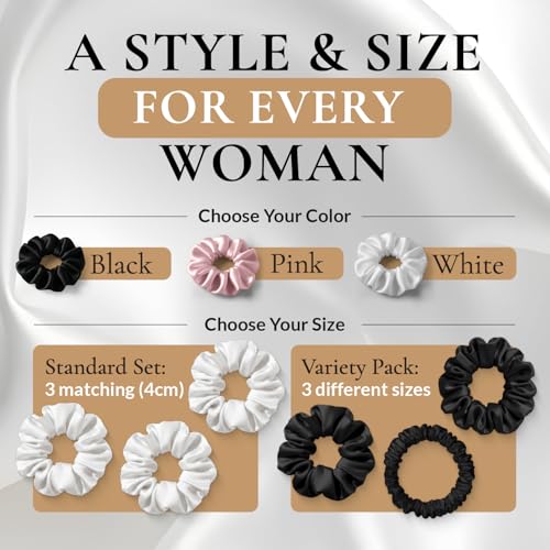 Black Standard Small Silk Scrunchies - 100% Mulberry Silk Hair Ties Set of 3