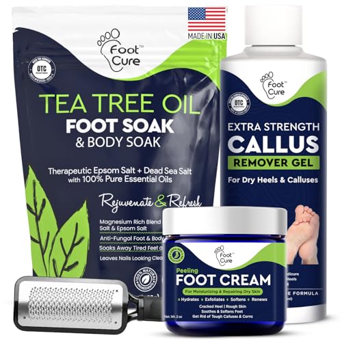 FOOT CURE Exfoliator & Callus Remover Pedicure Set ? Care Kit Includes File for Dead Skin, Tea Tree Oil Soak Salts, Urea Cream 40 Percent Removal Gel Made in USA, Ivory, 4 Piece