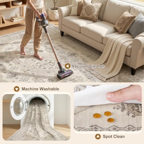 Beige 9x12 Washable Area Rug - Vintage Style, Soft Non-Slip Living Room Carpet
