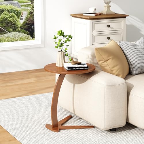 FIDOOM 17-Inch C-Shape Solid Wood Side Table for Sofa Under-Bed Use (Chestnut, Large-17")