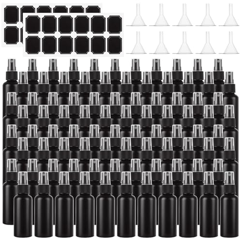 Black Plastic Spray Bottles 2 oz Set with Labels and Funnels - 60 Pack