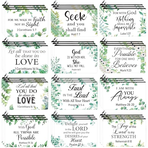 Hillban 36 Pcs Christian Gifts for Women Christian Makeup Bag Bible Verse Cosmetic Bag Inspirational Pencil Case with Zipper Green Leaves Travel Organizer Pouch for Cosmetics Makeup Brushes, 12 Styles