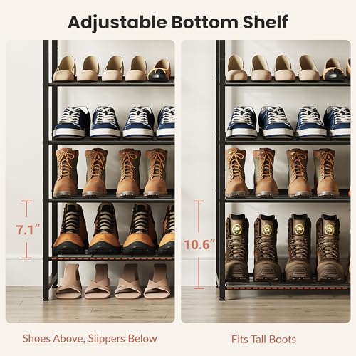 Rustic Brown and Black 12-Tier Metal Shoe Rack with Wood Top - Adjustable Boot Storage, Narrow Design for Entryway & Closet