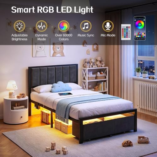 Dark Grey Twin Size Bed Frame with LED Lights, Charging Station & Storage Drawer