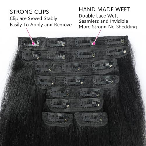 16 Inch Kinky Straight Clip-In Hair Extensions - Real Human Hair, Double Weft, 8 Pieces
