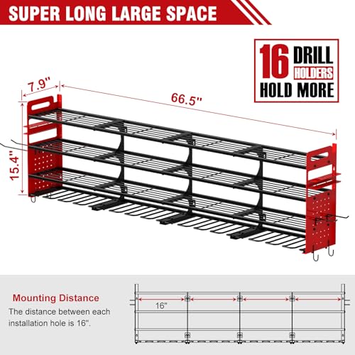 Large 65-Inch Power Tool Wall Mount Organizer - 4-Tier, Holds 16 Drills - Red