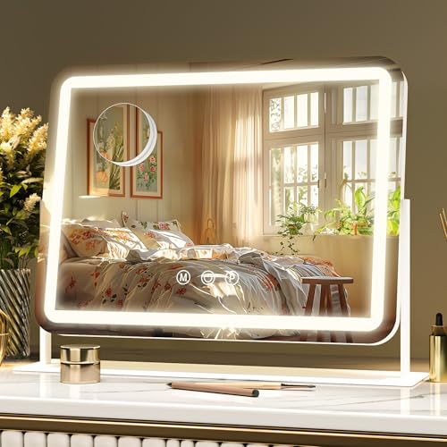 Hasipu Vanity Mirror with Lights, 14" x 11" LED Makeup Mirror, Light up Mirror with 10X Magnification, Smart Touch 3 Colors Dimmable (White)