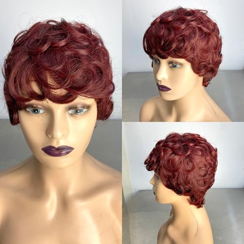 99J Short Pixie Human Hair Wig for Black Women - None Lace Front Glueless Pre-Plucked with Bangs