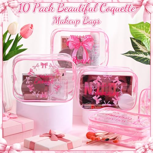 Kacctyen 10 Pcs Inspirational Pink Bow Makeup Bag 7 x 4.7 x 2.4'' Clear Coquette Stuff Cosmetic Bag Bulk Positive Affirmations Pink Bow Toiletry Pouch Waterproof PVC for Girls Women Nurse Team Bestie
