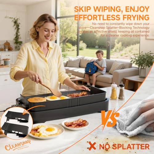 SENSCHEF 20x12 Inch Electric Nonstick Griddle - Foldable Anti-Mess Shield, 1700W, Midnight Black