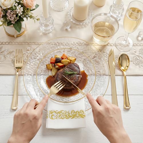 Rubtlamp Clear Gold Hammered Plastic Plates Set - Disposable Dinnerware for Parties