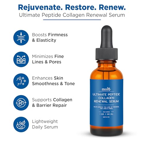 Molu Ultimate Peptide Collagen Renewal Serum - Transform aging skin, even tone, and improve appearance of lines and pores - with Copper Peptides, Niacinamide, and Pterostilbene - 1 oz.