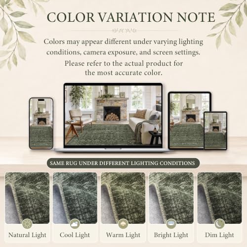 Green 8x10 Washable Boho Area Rug - Farmhouse Vintage Style for Living Room
