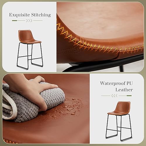 Counter Height Bar Stools Set of 2 - Warm Brown Faux Leather & Metal