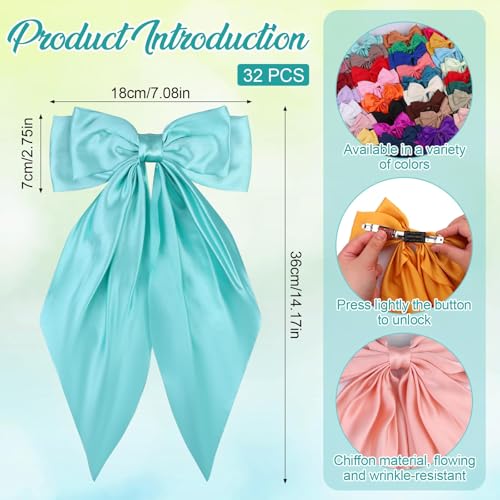 Large Satin Hair Bows Set - 32 Colorful Oversized Hair Ribbons with Long Tails for Women & Girls - Non-Slip Hair Clips & Elegant Styling