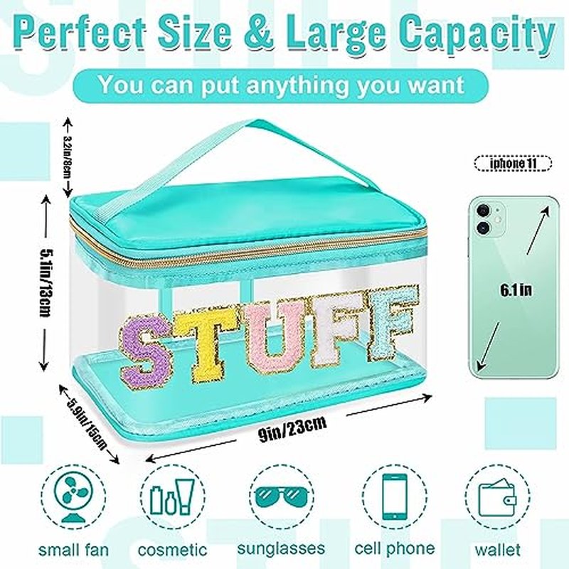 2 Pack Chenille Letter Clear Makeup Bags Stuff Pouch, Preppy Patch Makeup Bag Zipper with Handle, Pink Stuff Bags for Travel Nylon Waterproof Glitter Cosmetic Toiletry Storage for Women(Pink+Green)