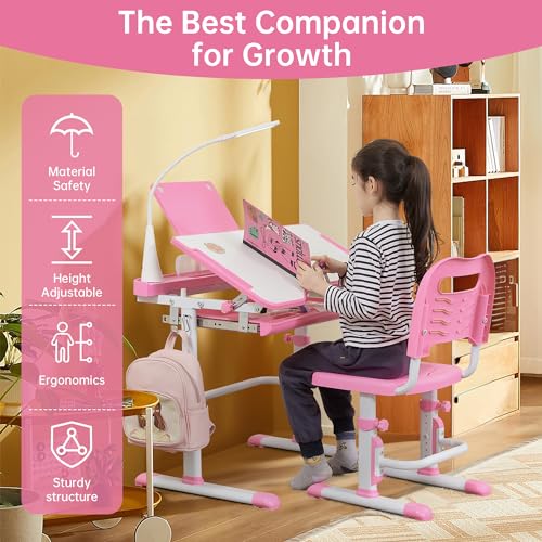 Kids Desk and Chair Set with Tilt Desktop LED Light Pink - Children’s Multi-Function School Furniture
