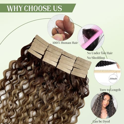 Munx 18 Inch Medium Brown Highlight Water Wave Tape-In Hair Extensions 50G #4/27