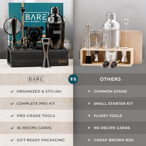 Bartender Kit Bar Set with 24oz Cobbler Shaker - Jet Black/Black, 14 Pieces with Recipe Cards