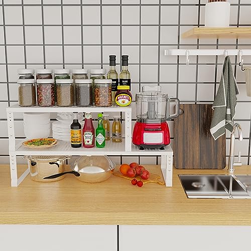 Expandable Stackable Kitchen Organizer Set - 3 White Metal Shelves, Adjustable & Heavy Duty