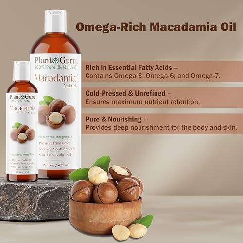 Plant Guru Macadamia Nut Oil 16 fl. oz. Cold Pressed 100% Pure Natural Carrier ? Skin, Face, Body, and Hair Moisturizer. Ideal for DIY Creams, Lotions, and Lip Balms