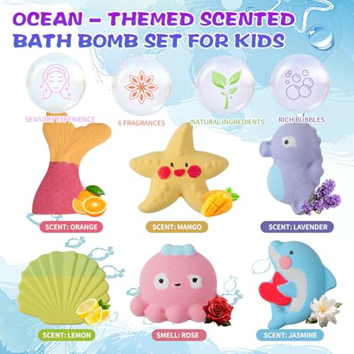 Giant Mermaid Bath Bombs for Kids - 6 Pack with Surprises, Vibrant Colors & Long-Lasting Bubbles - Sea Animals Variation
