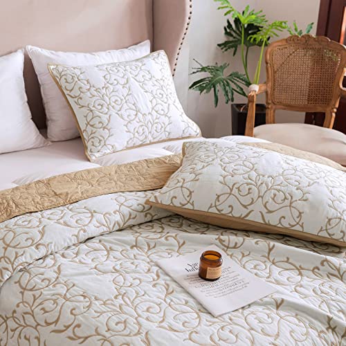 King Size Reversible Quilt Set with Embroidery - Beige Bedding with 2 Pillow Shams