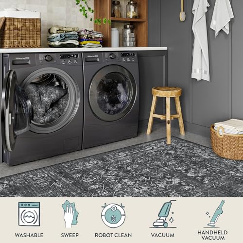 8' x 10' Black and Grey Area Rug - Washable Vintage Distressed Indoor Carpet